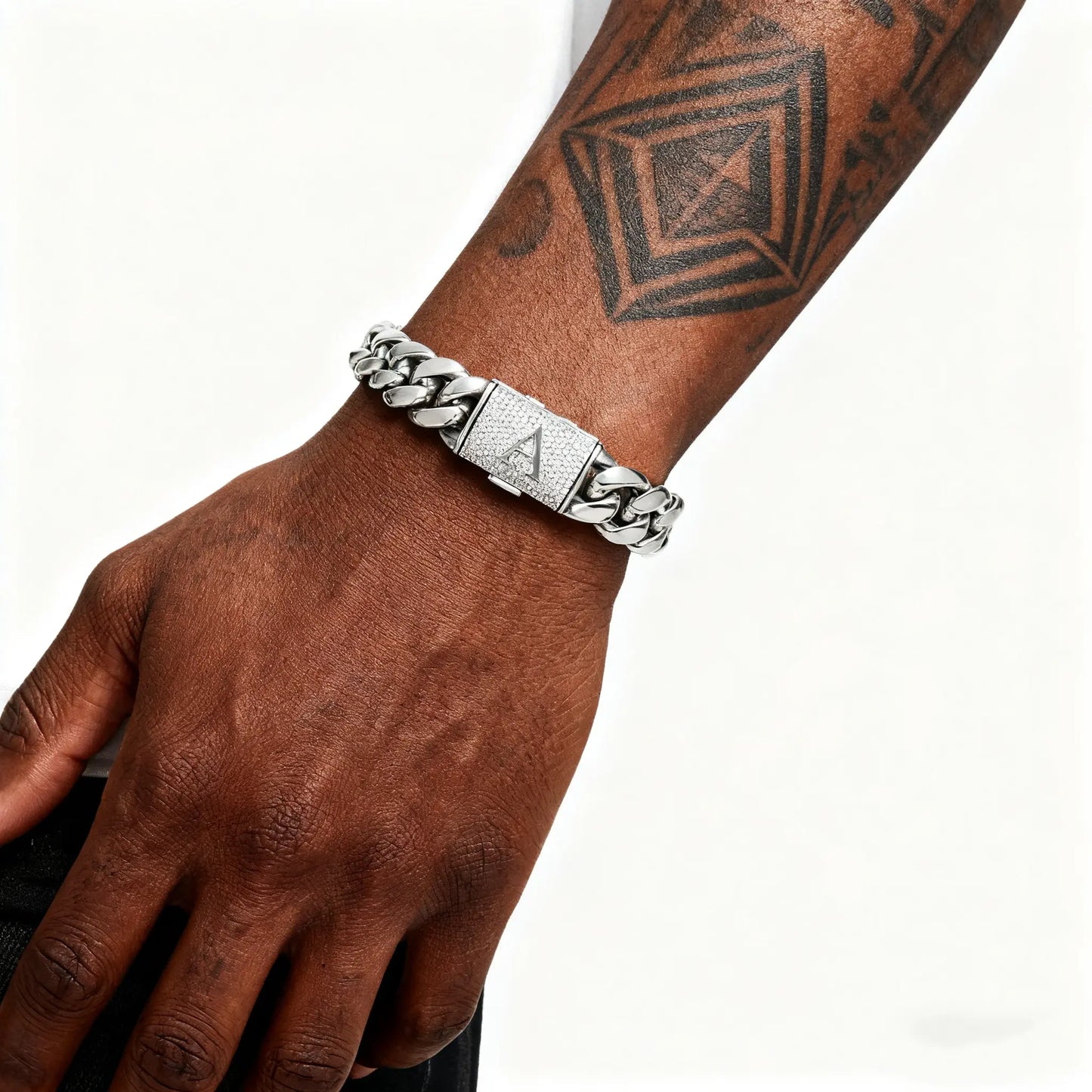 Cash on Delivery – Silver Stainless Steel Cuban Link Bracelet for Men, 14mm Heavy Chain with A Initial Letter Clasp, Gothic Punk Hip Hop Style, Personalized Modern Gift for Him