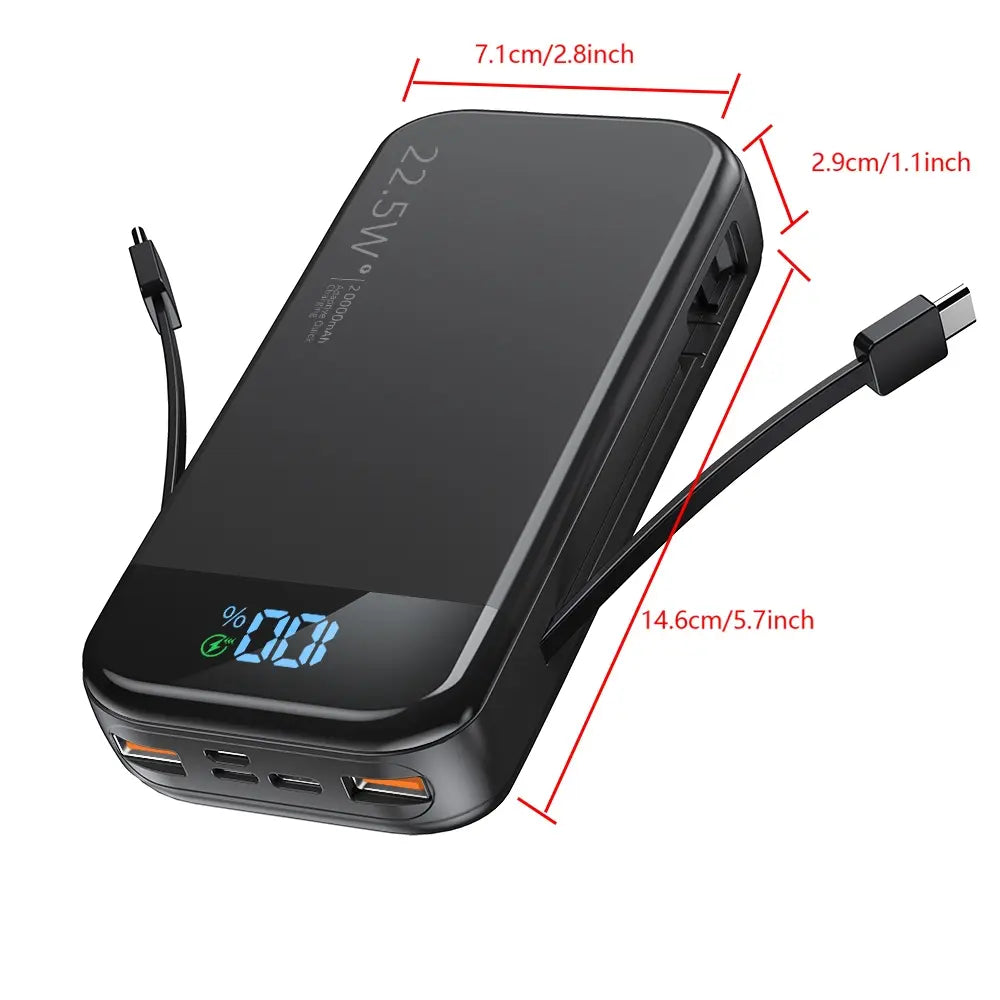 20000mAh Portable Power Bank with Built-in 2 Cables - PD20W Fast Charging, LED Digital Display, Large Capacity Charger for iPhone, Galaxy, iPad and Electronic Devices