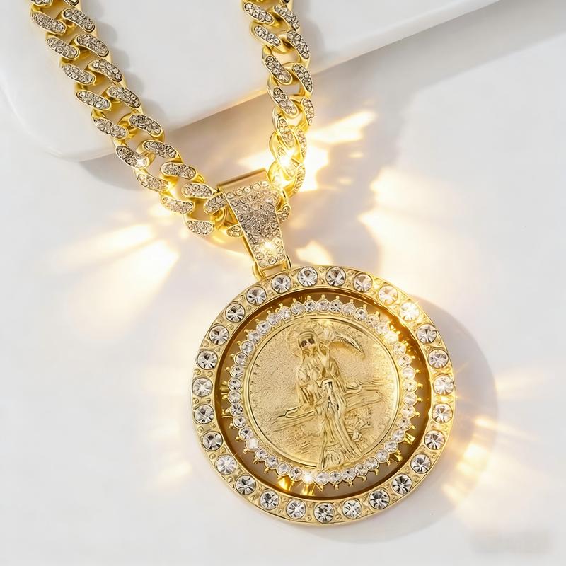 2-Piece Saint Motif Rotating Pendant Necklace Set - Religious Bohemian Jewelry for Men and Women
