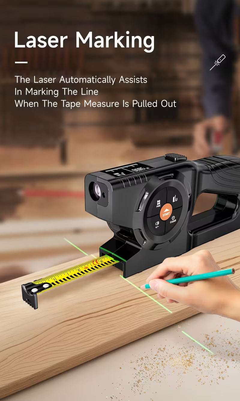 Rechargeable 3-in-1 Tape Measure, Laser Distance Meter & Laser Marker, 120m High-Precision Digital Range Finder, Instant Readout, Extended Laser Line