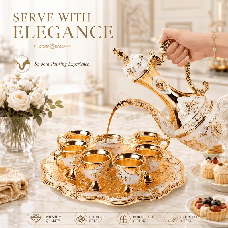 Zinc Alloy Golden Coffee and Tea Set - European Style with 6 Luxurious Cups, Teapot and Tray, Elegant Gift for Tea, Coffee and Cappuccino