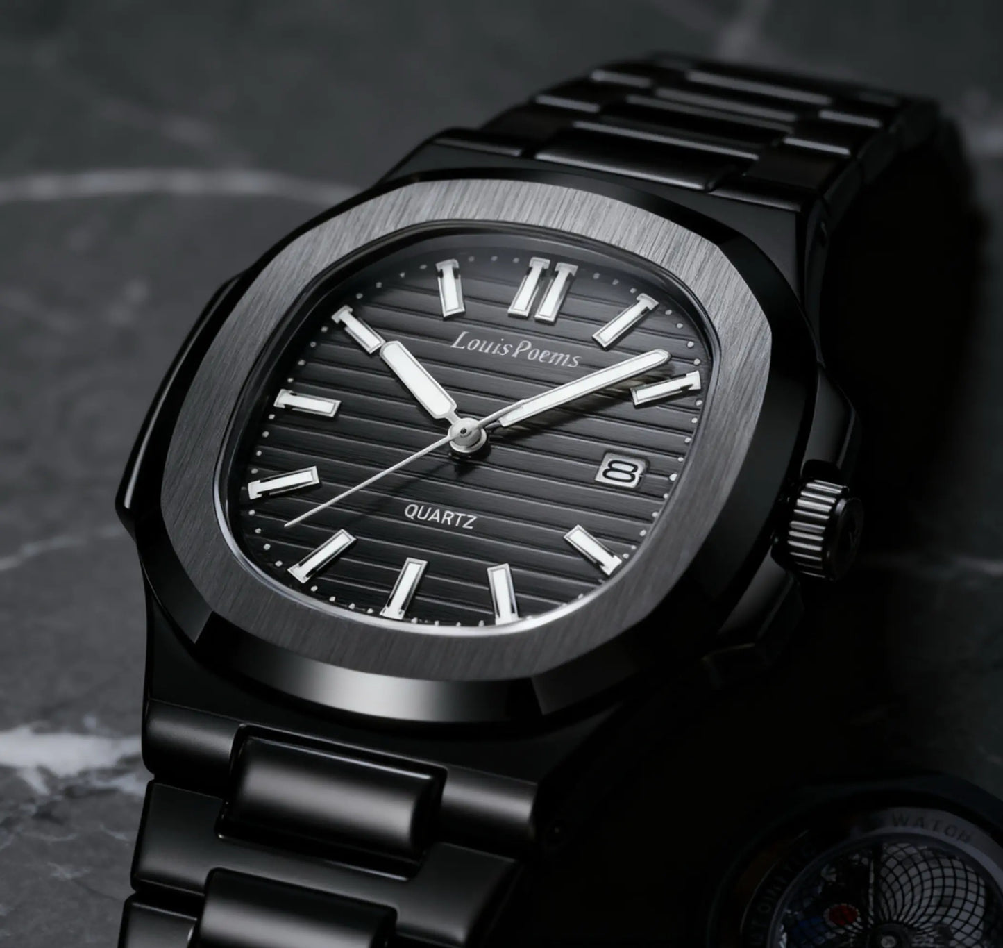Louis Poems Nautilus Men's Business Fashion Watch - Pure Black Analog Quartz, Water Resistant, Elegant Wristwatch