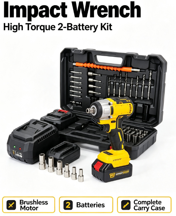 Brushless Impact Wrench – 1/2", 1500FT-LBS, 2 Batteries + Fast Charger for Auto Repair