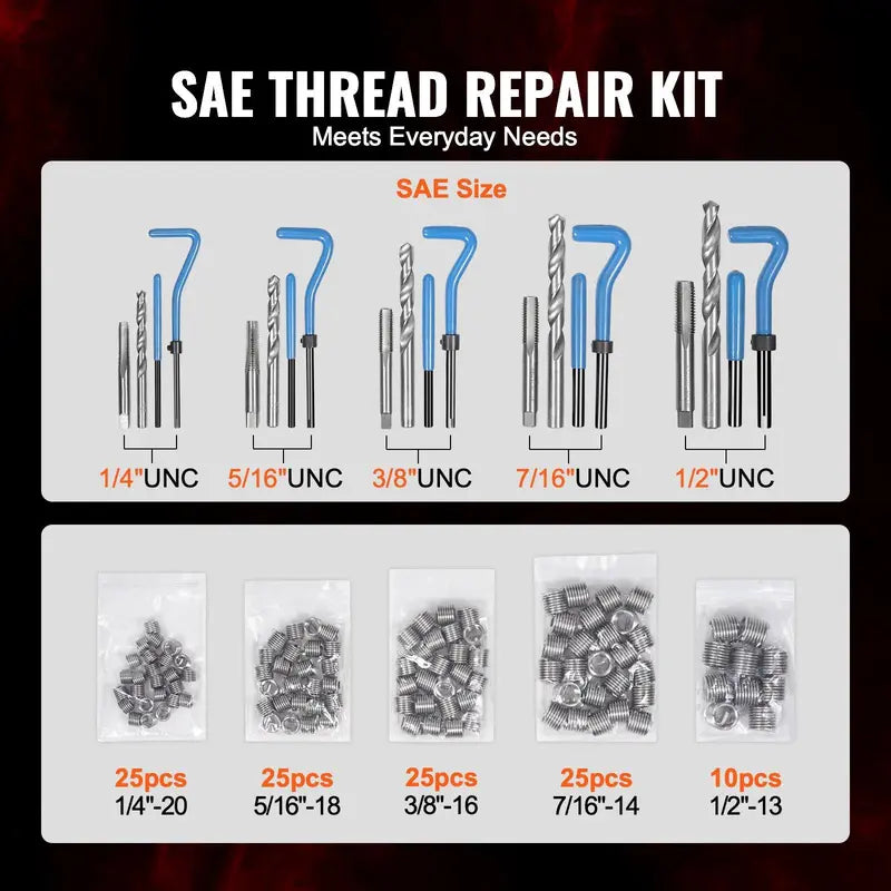 131-Piece Helicoil Thread Repair Kit – SAE Hardware Set with 1/4", 5/16", 3/8", 7/16", 1/2" UNC Sizes, Mechanic Tools & Drill Kit