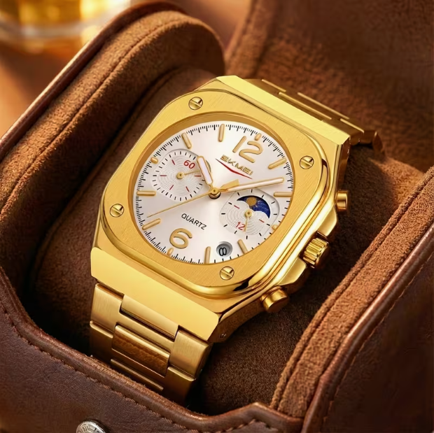Men's Multifunction Business Quartz Watch – Moon Phase, Date, Chronograph, Stainless Steel, Waterproof, for Daily Wear & Gifting