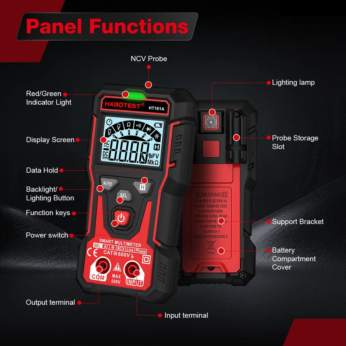 HABOTEST HT161A Digital Multimeter - 600V AC/DC, 4000 Counts, Capacitor and Diode Measurement, with Tripod and Large Elevated Display