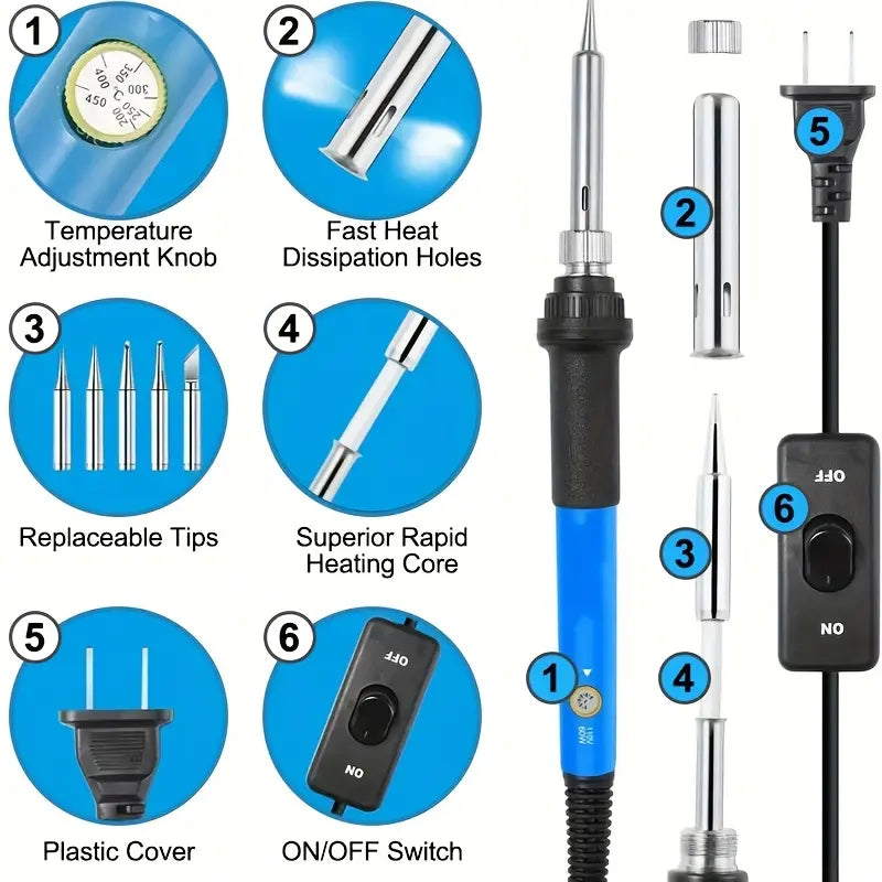 Adjustable Temperature Electric Soldering Iron Set – 110V 60W, 200–450°C, Includes 5 Tips, Stand & Cleaning Sponge