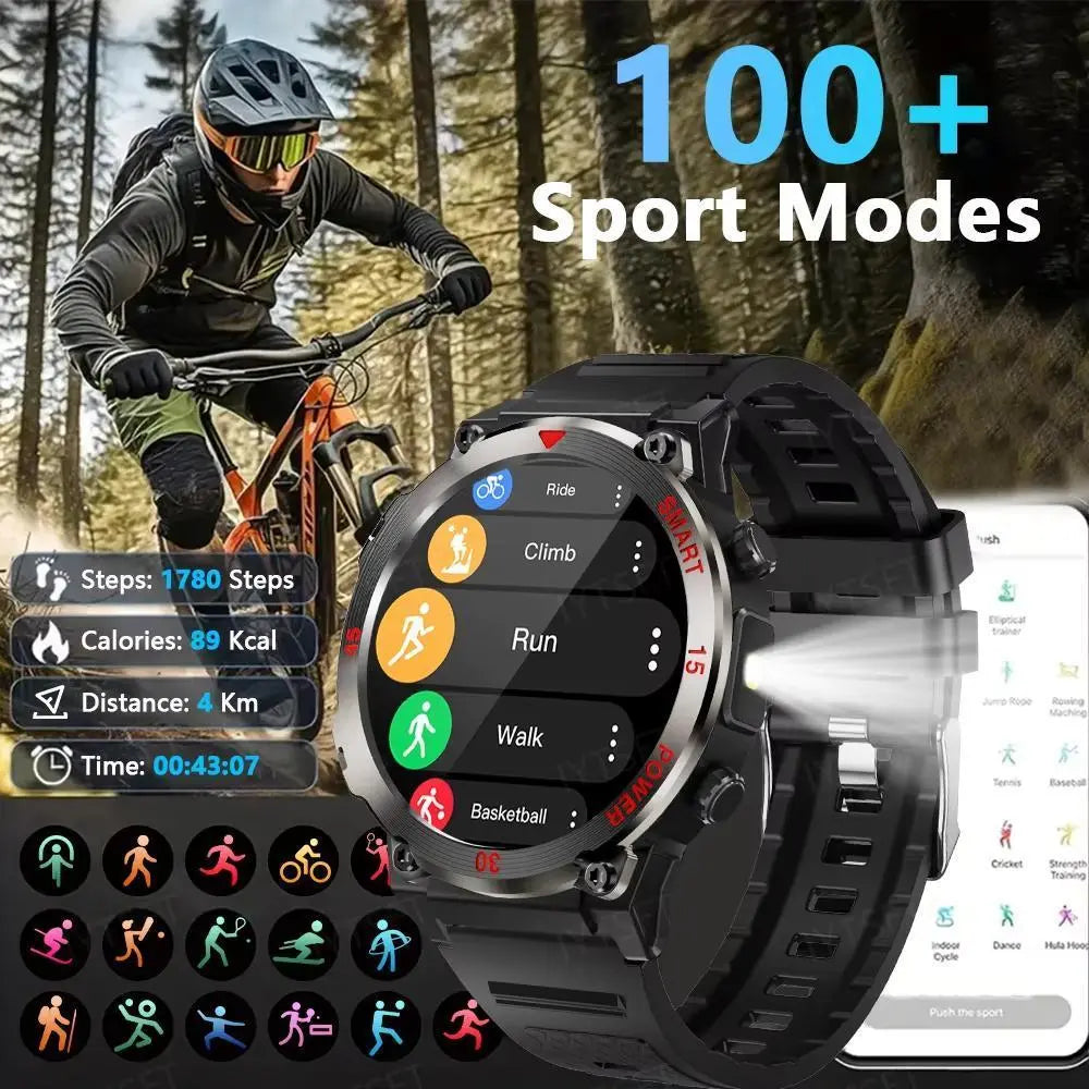 Men's Outdoor Smart Watch with LED Flashlight - Bluetooth Call, Sports Fitness Tracker