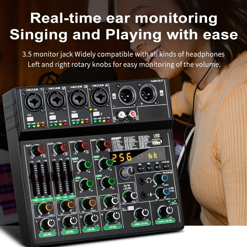 6-Channel USB Audio Mixer – 256 Reverb Effects, Professional for Music & Recording