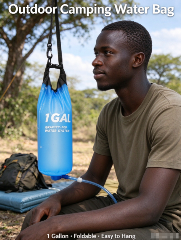 Gravity Water Bag 1 Gallon – Collapsible Camping Filter Bag with Hose & Clip for Hiking & Survival