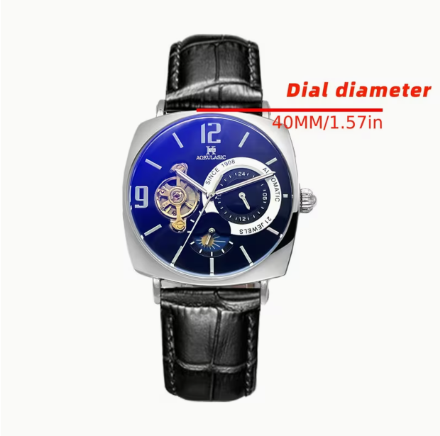 Elegant Men's Mechanical Watch – Retro Square Skeleton Dial, Alloy Case, Automatic Winding, Business Style, Analog Display, Battery-Free