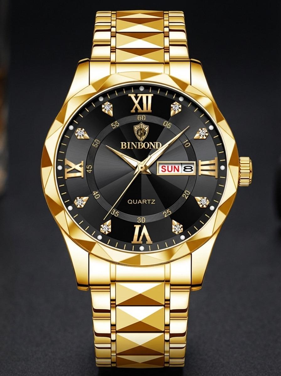 Men's Business Fashion Rhinestone Decor Analog Quartz Watch, Calendrier Waterproof Watch for Party, Daily Decor, Trendy Watch for Birthday Gift with Box, Stainless Steel Wristwatch, Rhinestone Embellished Watch