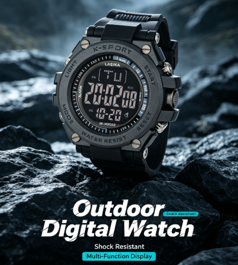 LASIKA Water Resistant Sports Digital Watch - Alarm, Rubber Strap, Black Dial, K-Sport Style for Men