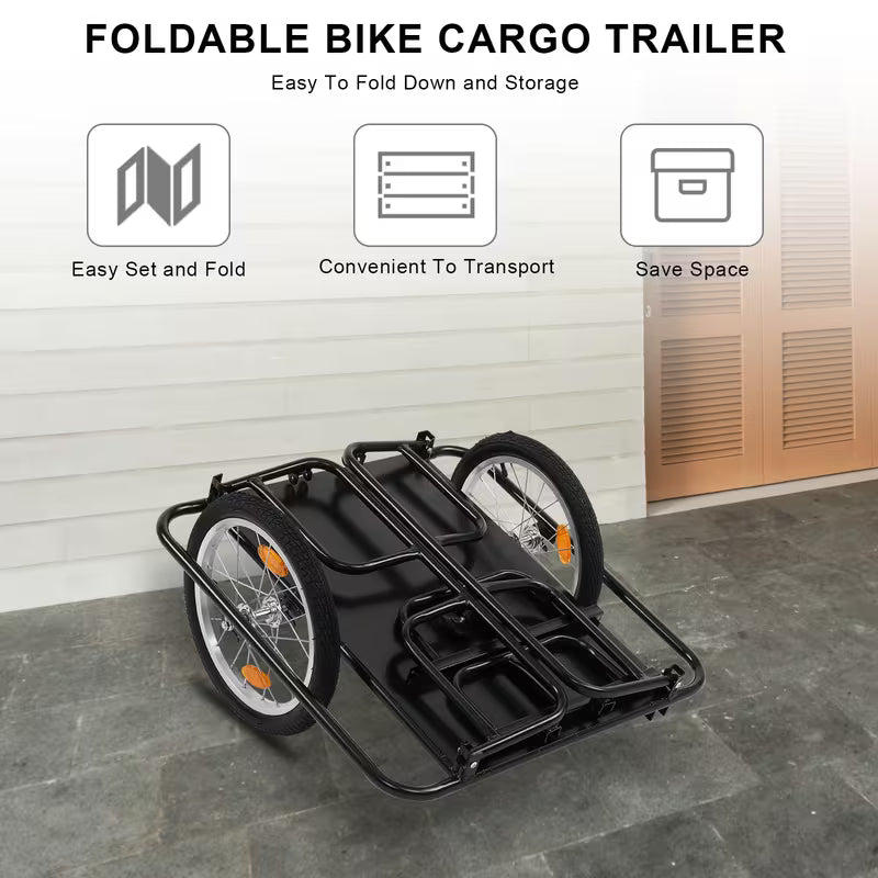 Foldable Bike Cargo Trailer with Universal Hitch - 16" Wheels and Reflectors, Large Loading Bicycle Wagon Storage Cart