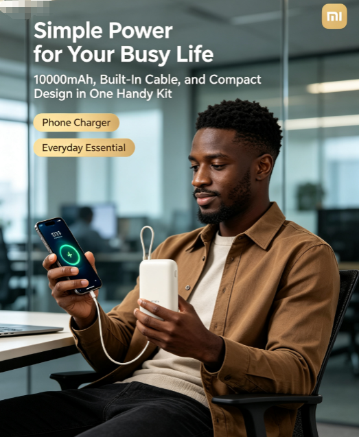 10000mAh Power Bank with Built-in Cable - 22.5W Two-Way Fast Charging, Compact Pocket Size