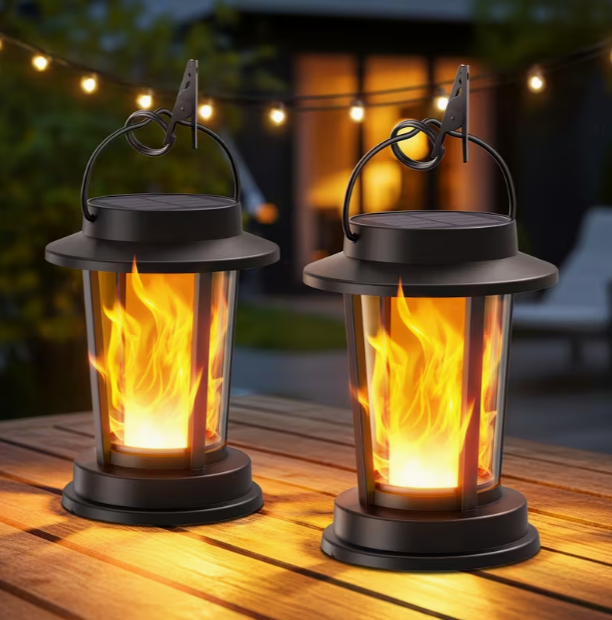 2-Pack Solar Hanging Lanterns – IPX6 Waterproof, Flickering Flame, Decorative Solar-Powered Lights for Garden, Yard, Patio, Path, Porch & Tree (Black)
