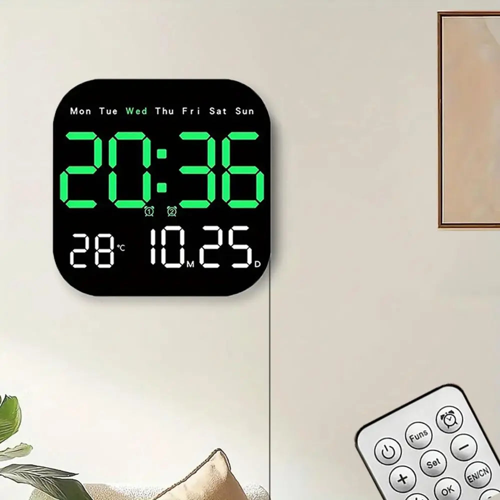 Intelligent Large Screen Digital Living Room Wall Clock with Remote Control, Battery Powered LED Wall Clock with Calendar Time Temperature Display, LED Alarm Clock Digital Clock Decor