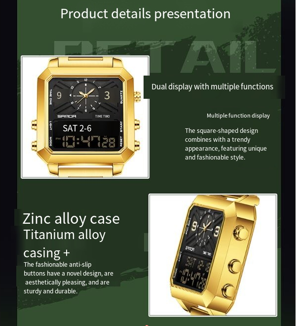 Multifunctional Men's Square Dual-Screen Watch – 3 Time Zones, Stopwatch, Alarm, Countdown, 30M Waterproof, Night Light, Suitable for Sports, Business & Daily Wear