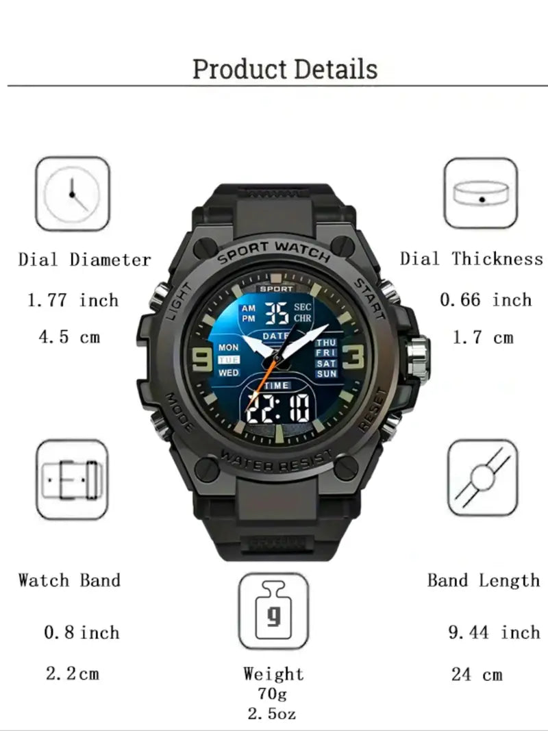 Men's Teenager School Student Trendy Multifunctional Night Light Alarm Waterproof Sports Watch – Round Face, Blue Dial, Sporty Style