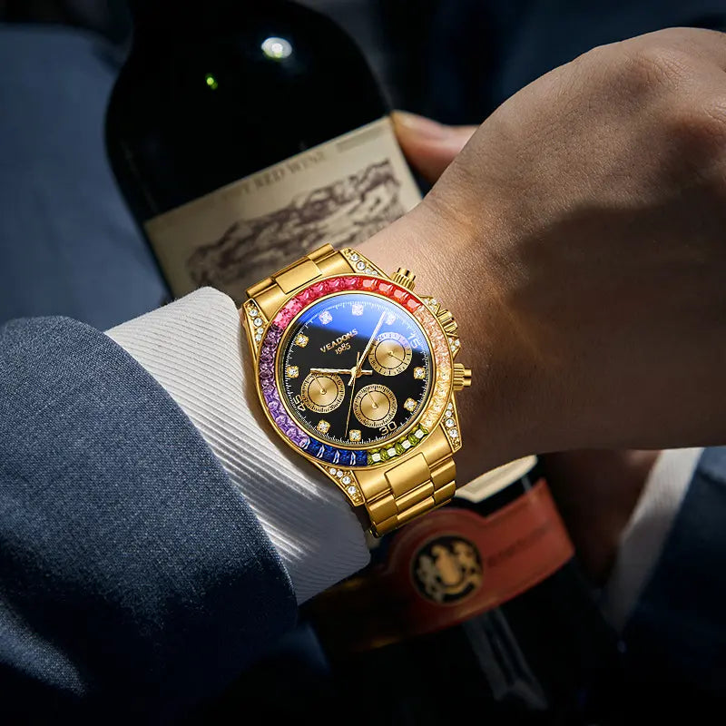 Men's Fashion Rhinestone Quartz Watch – Rainbow Dial, Chronograph, Luminous Date, Water Resistant – Box Not Included, Ideal for Party, Business & Daily Wear