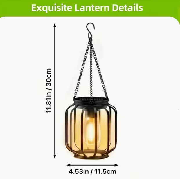 2-Pack Solar-Powered Outdoor Hanging Lanterns – IP65 Waterproof, Automatic On/Off Switch, Black Retro Metal Design with Built-in Solar Panel, for Porch, Garden & All-Season Use