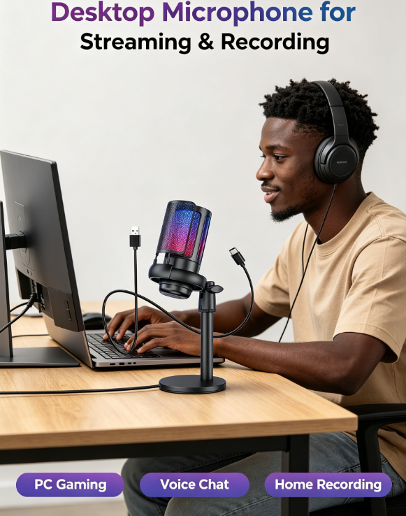 USB Condenser Microphone – RGB Lights, Plug & Play for Gaming, Streaming, Podcasting & Karaoke