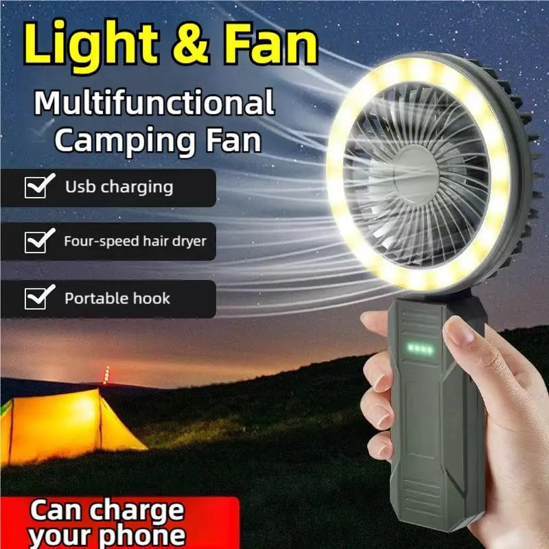 3-in-1 Multifunctional Camping Fan – 4000mAh Battery, LED Indicator, 4 Speeds, Foldable, Waterproof, with Hook for Outdoor Use