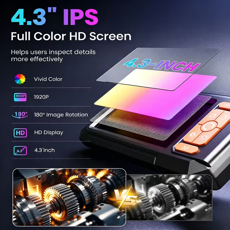 Endoscope Inspection Camera – 4.3" IPS Screen, 1080P HD, 8 LED Lights for Pipe & Repair Inspections
