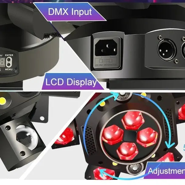 150W 6-Arm Moving Head DJ Lights - RGBW 6-in-1 LED Stage Fixtures with Strobe Beam, Remote Control and DMX512 for Weddings and Disco Events