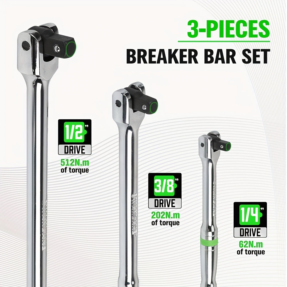 6-Piece Heavy Duty Breaker Bar Set – 1/4", 3/8" & 1/2" Drive, 6", 10" & 15" Lengths, 180° Rotatable Head