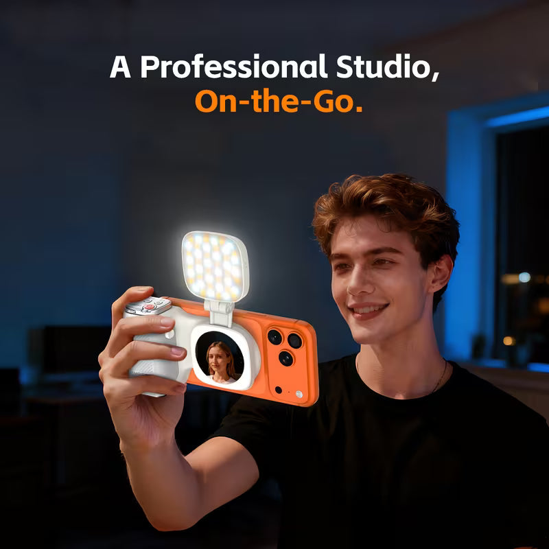 COMITOK MOCA Handheld Phone Grip – Mirror + LED Fill Light, One-Tap Camera, Rechargeable Remote for Creators