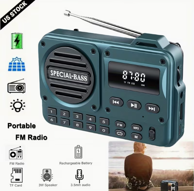 Portable FM Radio with USB-C Charging – 2000mAh Rechargeable Battery, Great Reception, Clear Sound, Headphone Jack, LCD Display, Wireless & TF Card Support, FM Only (No AM), Turquoise