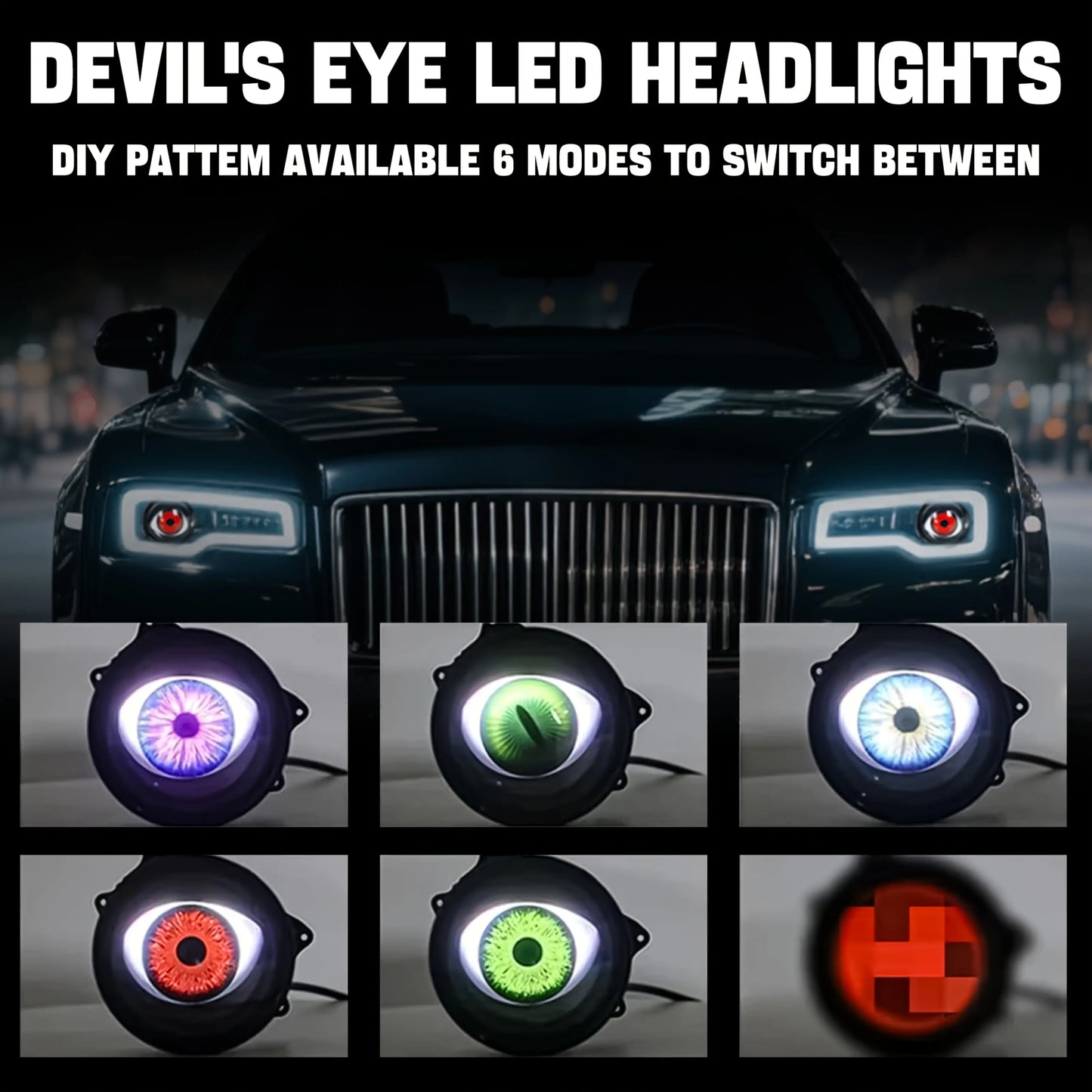 2-Piece Devil Eye LED Headlight Bulbs - 12V, Adjustable Pattern, Dynamic Flashing for Cars and Motorcycles