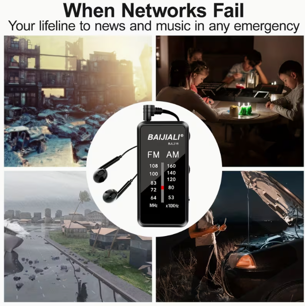 Compact Portable Global AM/FM Radio – 2 x AAA Batteries, 3.5mm Headphone Jack, Built-in Back Clip (Black)
