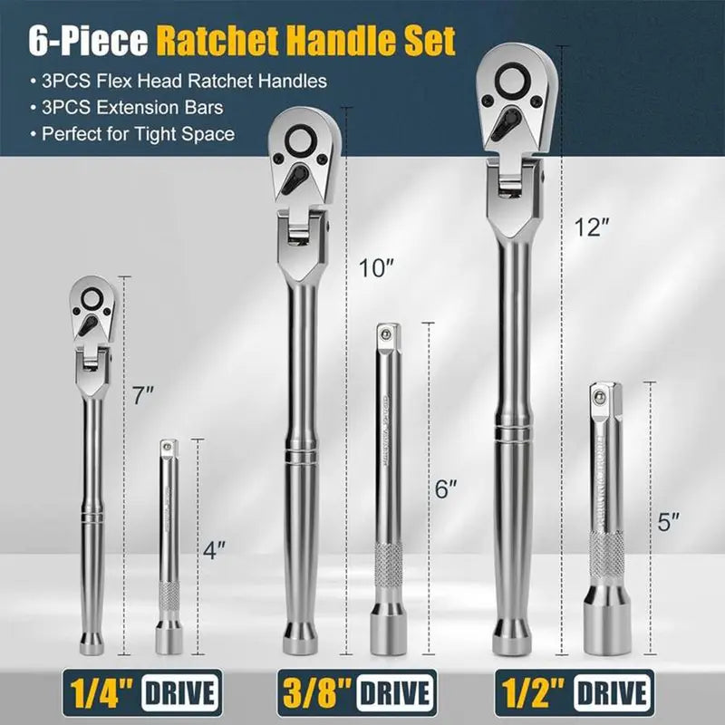 6-Piece Flex Head Ratchet Wrench Set – Chrome Vanadium Steel, 1/4", 3/8", 1/2" Drive with Extension Bars, 72-Tooth, 180° Adjustable Quick-Release, Professional Swivel Head for Tight Spaces