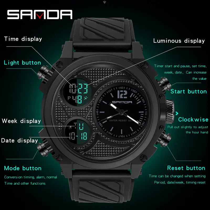 🔥 Clearance Sale – Order 1 Get 2 (One Black + One Black-Silver) 🔥 – Men's Fashion Sports Digital Watch, Waterproof Luminous Dial, Alarm & Date Display, Square Touch Display Chronograph, Trendy Multifunctional Vintage Design