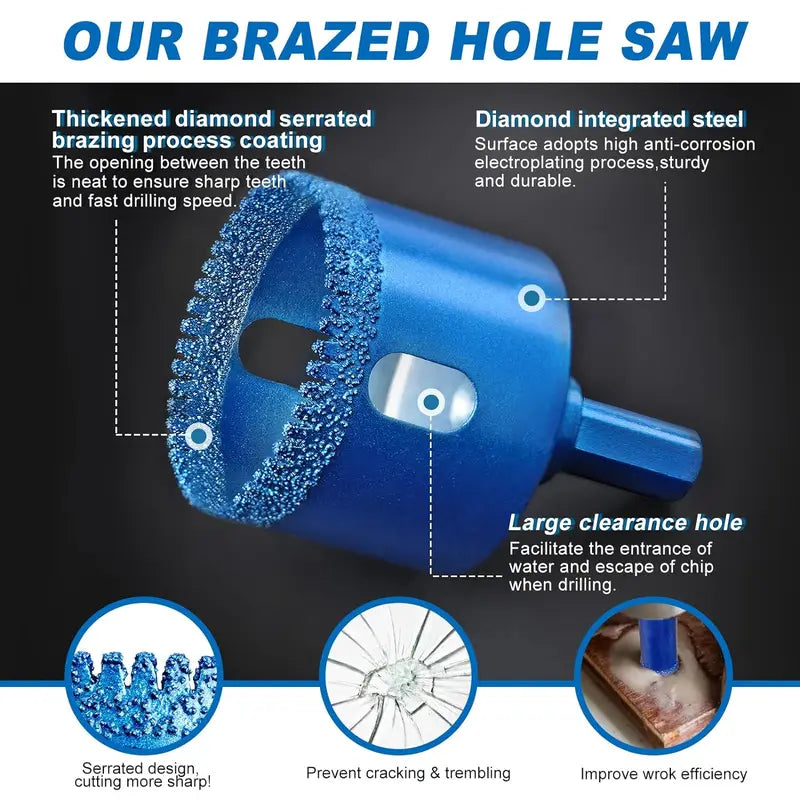 10-Piece Brazed Diamond Hole Saw Kit - Serrated Tile Core Drill Bits with EVA Mold and Hard Storage Bag for Dry Cutting