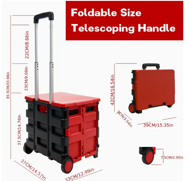 Heavy-Duty Collapsible Rolling Cart with Plastic Wheels & Blue Lid Seat – 80 lbs Capacity, Plastic Crate Converts for Transport & Seating, Ideal for Teachers & More