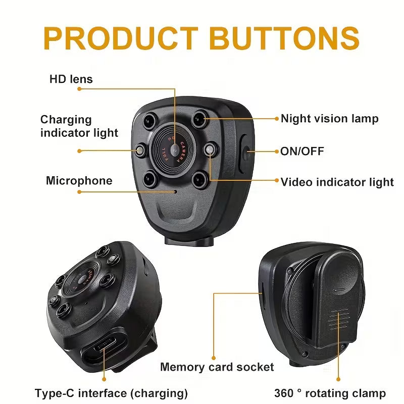 Rechargeable HD Body Camera – 32GB Memory Card, Touch-Controlled Night Vision, Audio & Wearable Video Recorder
