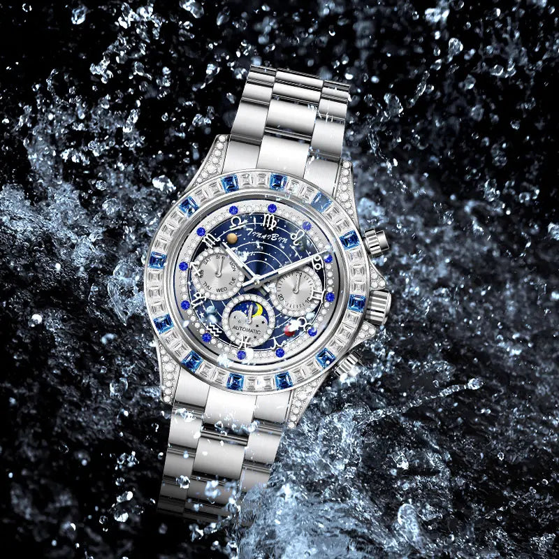 TINAIBIN Automatic Skeleton Men's Watch – Stainless Steel Mechanical Flywheel, Luxury Luminous Waterproof Dress Watch
