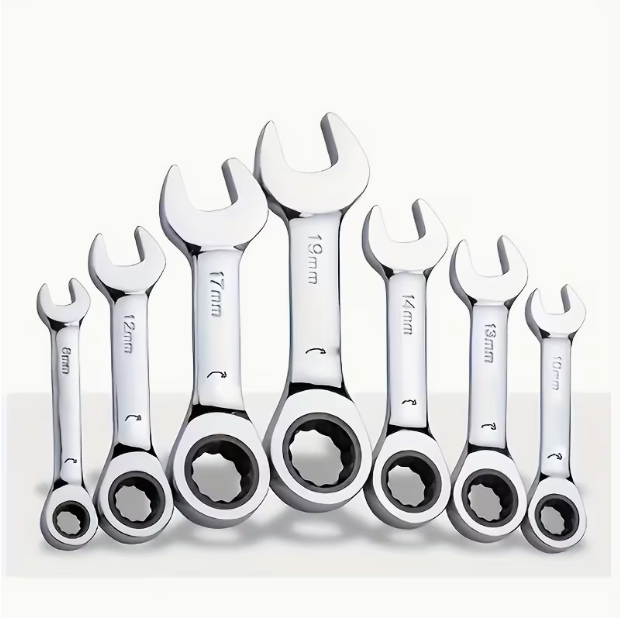 8-Piece Ratchet Wrench Set – Short Handle, Metric, Chrome Vanadium Steel, 72-Tooth, Sizes 8/10/12/13/14/15/17/19mm, with Storage Case