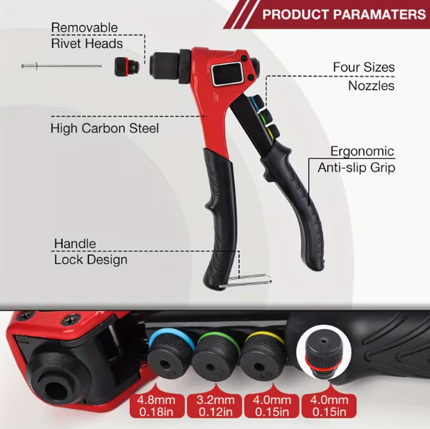 4-in-1 Manual Rivet Gun Set – 2.4-4.8mm, 4 Replaceable Heads, 80 Rivets Included, for Plastic, Metal & Leather, One-Hand Operation
