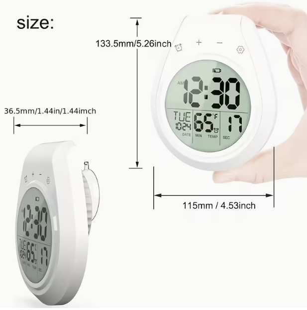Digital Bathroom Clock with Large LCD Display – Shower Timer & Thermometer, Suction Cup Mount, 99-Minute Countdown, °C/°F, 12/24H, IP4, for Shower, Kitchen & Home Decor