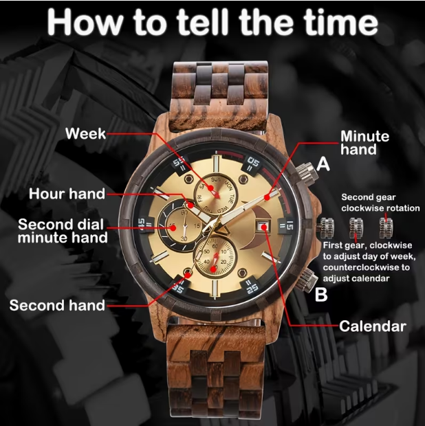 Men's Multifunctional Wooden Quartz Watch – Week, Calendar & Timer Display, Fashion Casual Design
