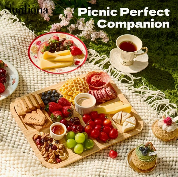 Bamboo Cheese Tray with Transparent Acrylic Lid – Portable Deli Platter for Camping, Parties & Restaurants, Serving Tray for Appetizers, Charcuterie & Snacks, Secure Snap-on Lid