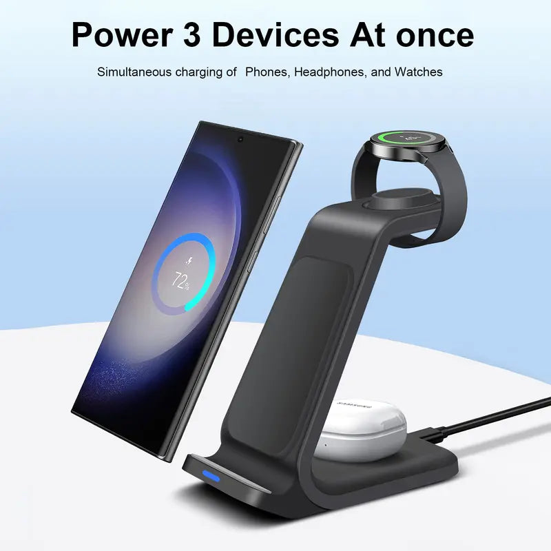 3-in-1 Wireless Charging Stand – 15W Fast Charging Dock for Samsung Galaxy Phones, Watches & Buds, Compatible with Z Fold/Flip, S Series, Watch 7/6/5/Pro, and More