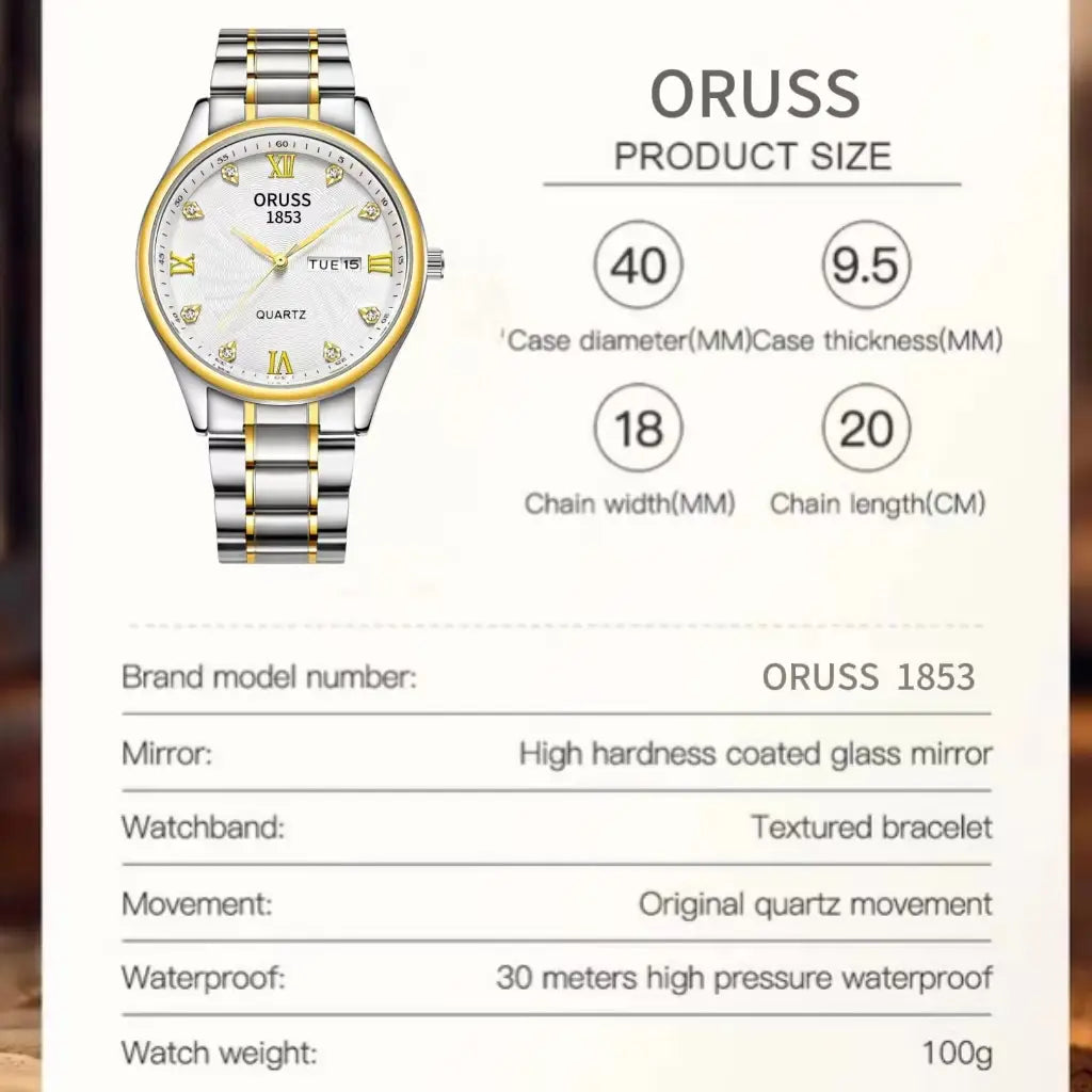 ORUSS Men's and Women's Stainless Steel Dual Calendar Watch - Water Resistant, Luminous, Luxury Fashion Analog Quartz Wristwatch