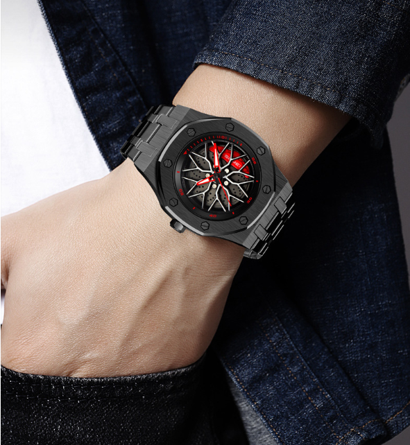 Men's Car Wheel Watch – Stainless Steel, Spinning Rim Hub Design, Japanese Quartz Movement, Water & Scratch Resistant, Carbon Fiber Racing Dial – Great Gift for Car Enthusiasts
