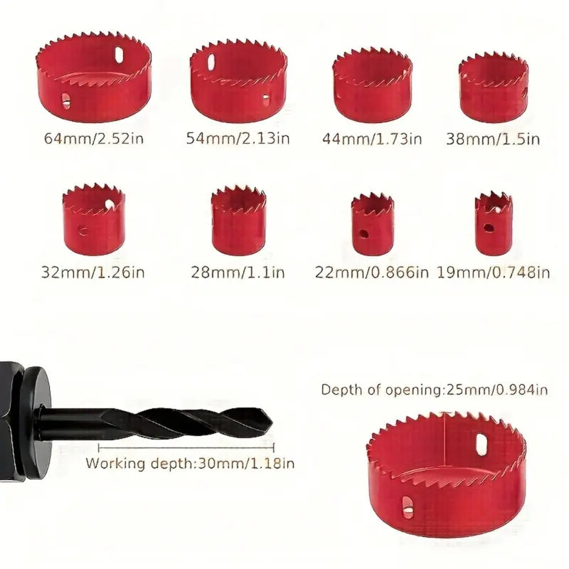 8-Piece Hole Saw Kit with Mandrel & Hex Key – 3/4" to 2-1/2" Blades for Wood, PVC & Plastic Cutting – Durable Drill Bit Set