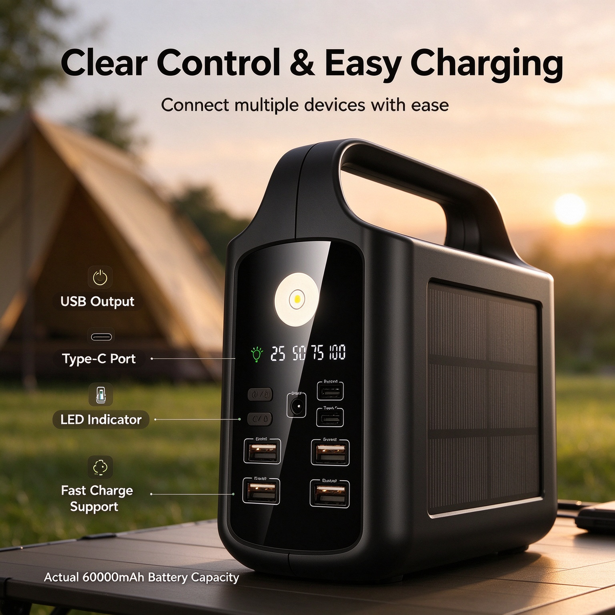 New Solar Power Bank 60000mAh - Large Capacity Super Fast Charging Portable Power Bank with Light for Convenient Outdoor Use